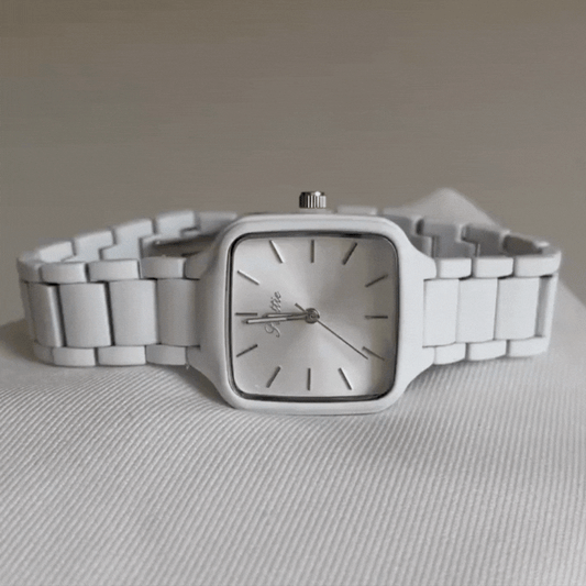 White Women’s Dainty Watch – Square Silver Dial Quartz Watch with Wide Strap | Alba