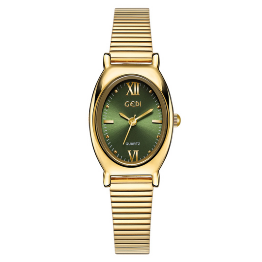 Unique Women’s Quartz Watch – Green Oval Dial with Gold Stainless Steel Band, Waterproof Elegant Design