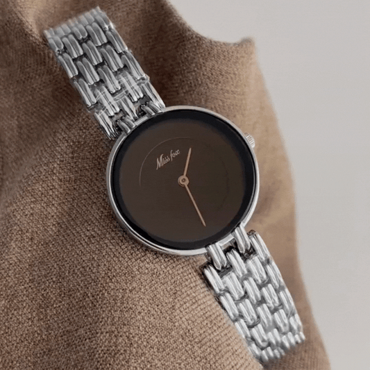 Minimalist Women’s Quartz Watch – Silver Wide Band with Large Black Round Dial