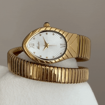 Luxury Gold Serpenti Wrap Women’s Quartz Watch with Flexible Bracelet & Unique White Dial