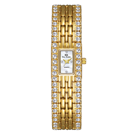 Modern Fashion Gold Wide Strap Watch with Diamond-Accented Case & White Rectangular Small Dial – Women’s Quartz Watch