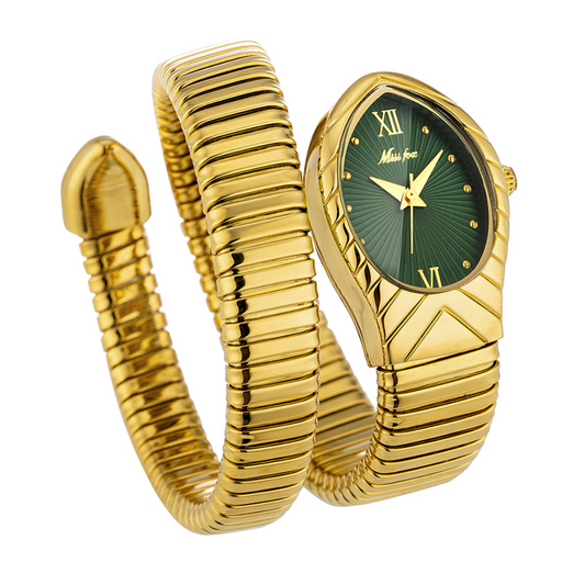 Luxury Gold Serpenti Wrap Women’s Quartz Watch with Flexible Bracelet & Unique Green Dial