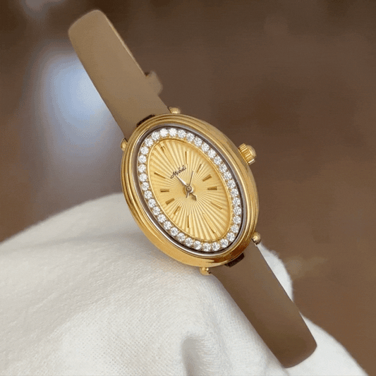Elegant Women’s Quartz Watch – Elephant Grey Thin Leather Strap with Diamond-Accented Oval Gold Small Dial
