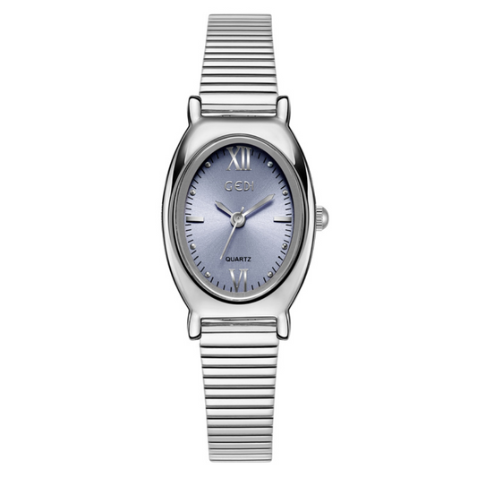 Elegant Women’s Quartz Watch – Blue Oval Dial with Silver Stainless Steel Band, Waterproof Niche Design