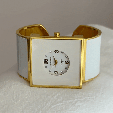 Fashion Women’s Quartz Watch – White Wide Bangle with Square Case and Small Round Dial, Unique Statement Design