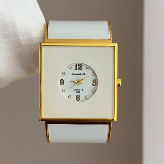 Fashion Women’s Quartz Watch – White Wide Bangle with Square Case and Small Round Dial, Unique Statement Design