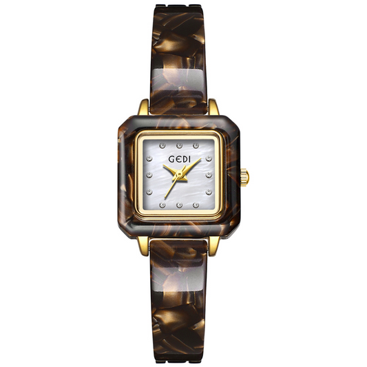Brown Amber Bangle Watch with White Square Dial Women's Quartz Watch