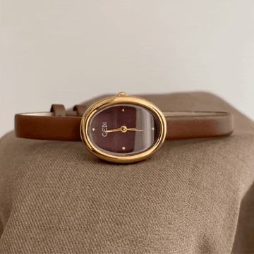 Brown Women Oval Dial Watch Genuine Leather Slim Strap Gold Case Quartz French Vintage – Charmant