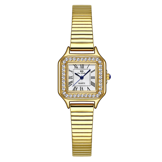 Elegant Women’s Quartz Watch – Gold Stainless Steel Bamboo Bracelet with Diamond-Accented White Square Dial