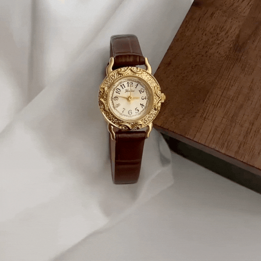 Brown Women Round Dial Watch Genuine Leather Strap Gold Embossed Case Quartz French Vintage – Époque