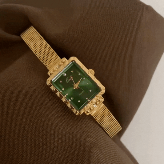 Gold Women’s Thin Strap Rectangular Green Dial Quartz Watch French Vintage Style – Vert Élégance