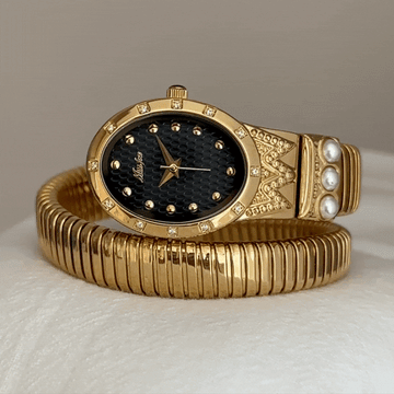 Trendy Serpenti Women’s Quartz Watch with Adjustable Flexible Band, Diamond & Pearl Accents, Waterproof Gold Case, and Black Dial