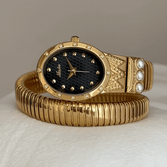 Trendy Serpenti Women’s Quartz Watch with Adjustable Flexible Band, Diamond & Pearl Accents, Waterproof Gold Case, and Black Dial