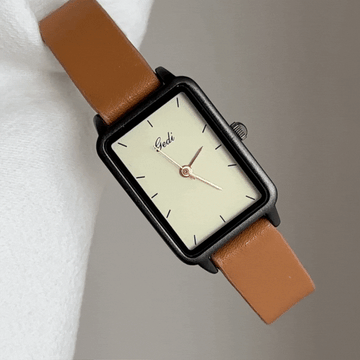 Minimalist Women’s Quartz Watch – Small Rectangular White Dial with Brown Leather Strap and Black Case
