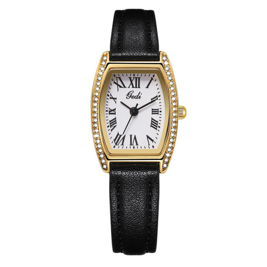 Luxury Vintage Women’s Quartz Watch – Black Leather Strap, Roman Numerals, Gold Diamond Barrel Case with White Dial