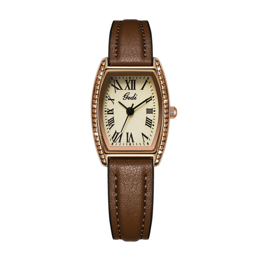 Luxury Vintage Women’s Quartz Watch – Brown Leather Strap, Roman Numerals, Rose Gold Diamond Barrel Case with White Dial