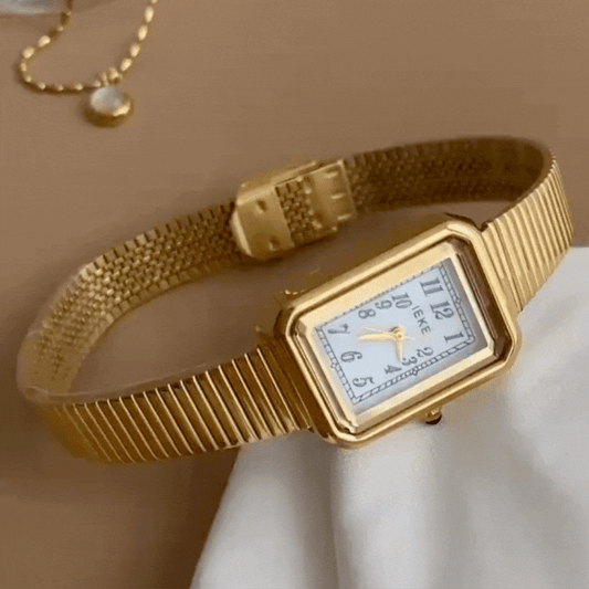 Gold Women Rectangular Dial Watch Strap White Face Quartz Exquisite Style – Lumière