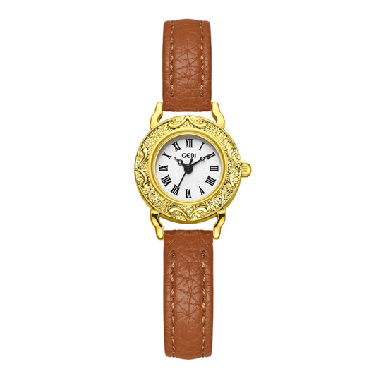 French Elegant Women’s Quartz Watch – Small White Dial with Brown Embossed Leather Strap and Gold Case