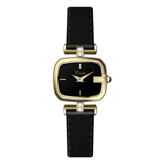 Minimalist Women’s Quartz Watch – Small Square Dial with Black Leather Strap and Gold Frame