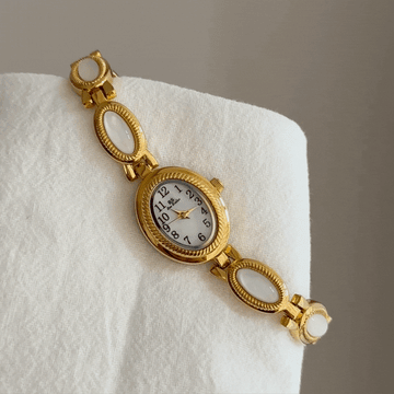 Gold Women Oval Dial Watch Bracelet Style White Jade Inlay Small White Face Quartz – Opaline