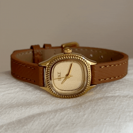 Brown Women Square Dial Watch Strap Gold Face Quartz French Vintage Style – Héritage