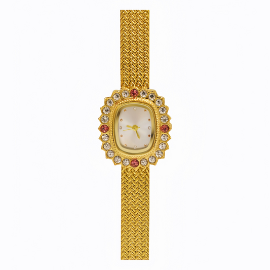 Vintage Elegant Gold Wheat Strap Watch with Multicolor Diamond-Accented Case & Oval Dial – Women’s Quartz Watch