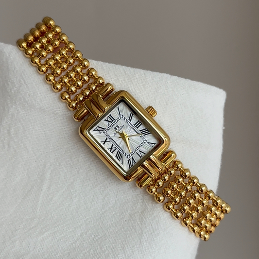 French Retro Romantic Gold Bracelet Watch with White Rectangle Roman Dial for Women - Parisian Charm