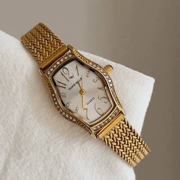 Gold Women Tonneau Case Watch White Dial Wheat Chain Strap Diamond-Set Quartz – Aurora