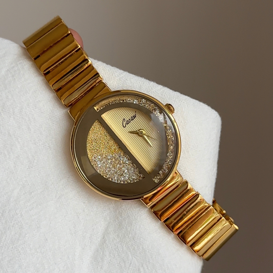 Gold Women Round Case Watch Flowing Sand Half-Moon Dial Quartz Fashion Style – Selene