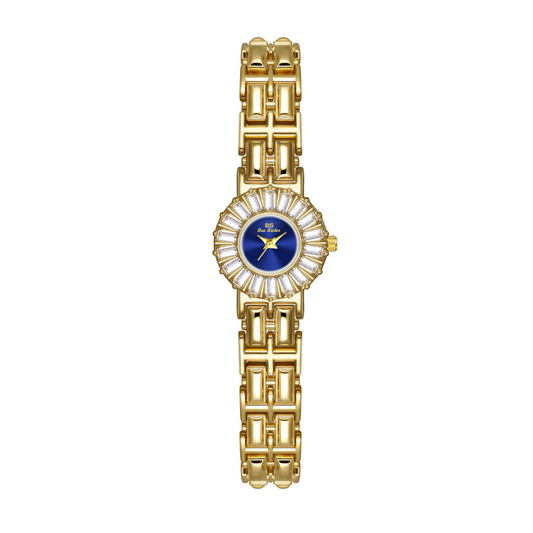 Gold Women Round Small Dial Watch Slim Strap Diamond-Set Case Blue Face Quartz French Vintage – Céleste