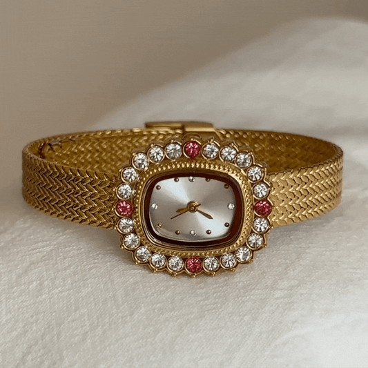 Vintage Elegant Gold Wheat Strap Watch with Multicolor Diamond-Accented Case & Oval Dial – Women’s Quartz Watch