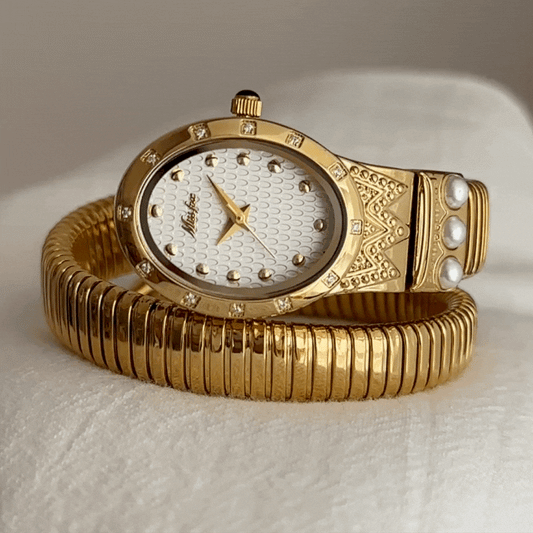 Trendy Serpenti Women’s Quartz Watch with Adjustable Flexible Band, Diamond & Pearl Accents, Waterproof Gold Case, and White Dial