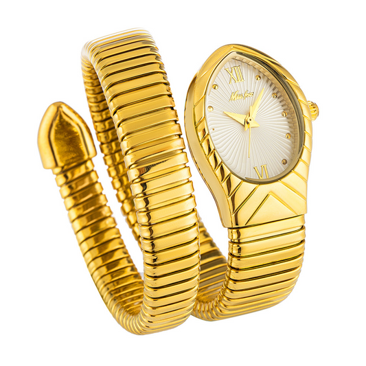 Luxury Gold Serpenti Wrap Women’s Quartz Watch with Flexible Bracelet & Unique White Dial