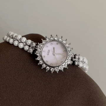 Pearl Chain Quartz Watch for Women – Round Diamond-Accented Grey-Purple Dial