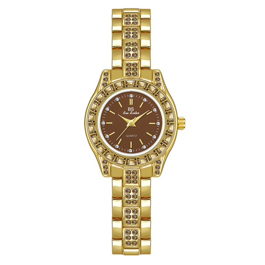 Vintage Gold Women’s Quartz Watch – Diamond-Accented Bracelet with Coffee Brown Round Dial