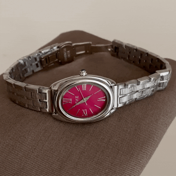 Women's Quartz Watch – Silver Strap with Raspberry Red Oval Dial