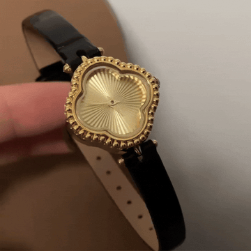 Lucky Clover Gold Dial Black Leather Women's Quartz Watch