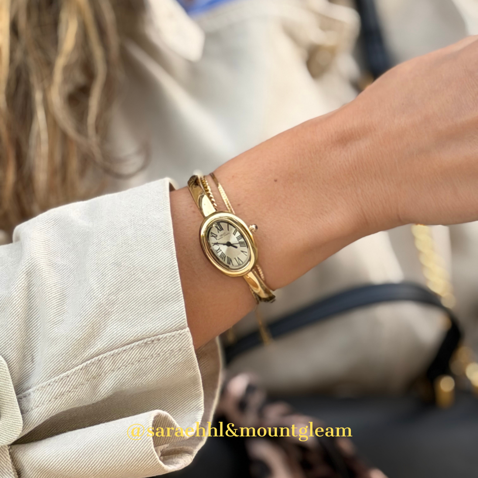 Geometric Fusion: White Round Dial Watch with Gold Rectangular Bezel ...