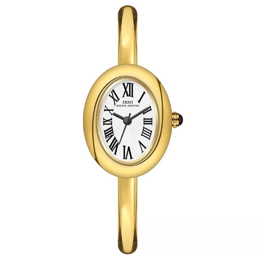 gold bangle watch white oval dial