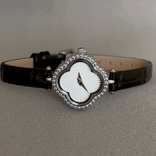 Clover Grace – Women’s Silver Clover Dial Watch with Ultra-Slim Black Strap