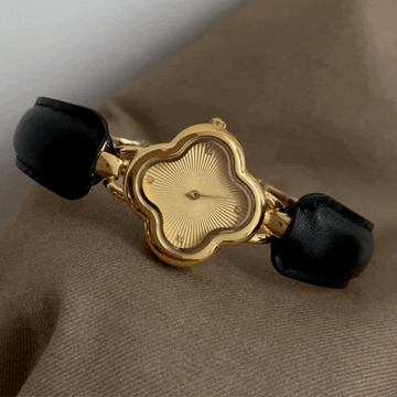 Golden Clover Charm Timepiece: Black & Gold Leather Quartz Watch