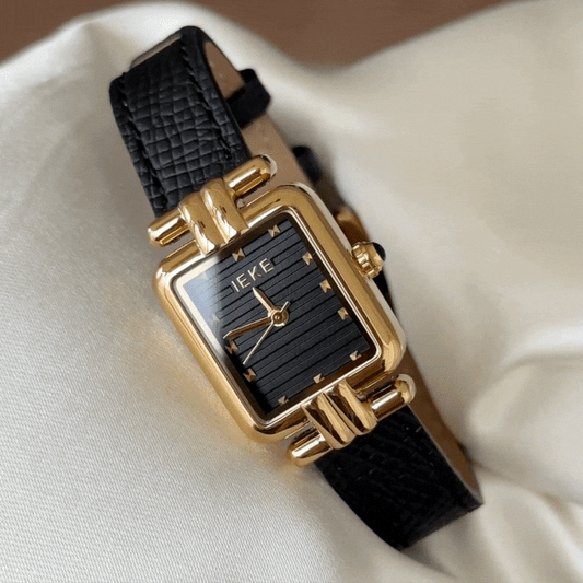 Noir Élégance – Women’s Black Leather Strap Watch with Gold Rectangular Case and Black Dial
