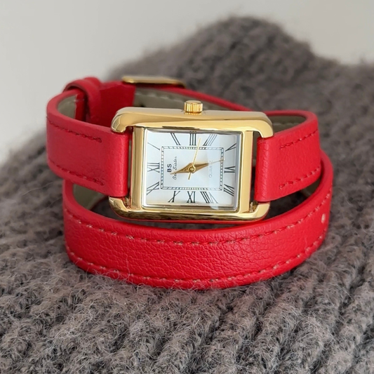 Rouge Wrap – Women’s Red Double-Tour Leather Strap Watch with Gold Rectangular Case and White Dial