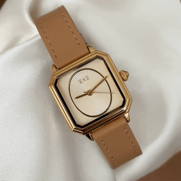 Vintage Style Gold Rectangular Watch - Brown Leather Strap & Gold Dial