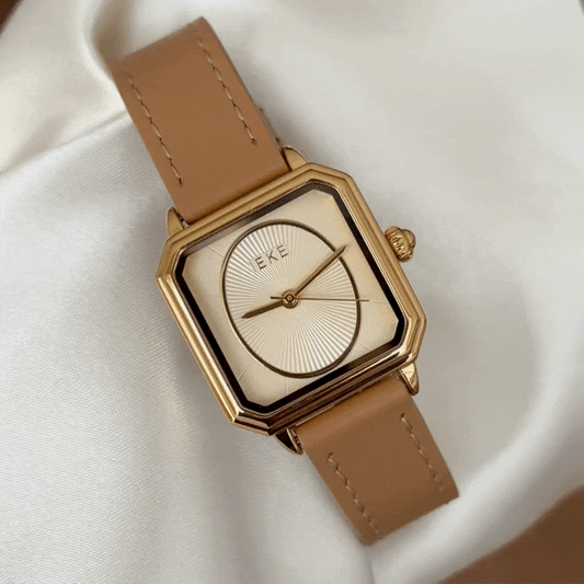 Vintage Style Gold Rectangular Watch - Brown Leather Strap & Gold Dial