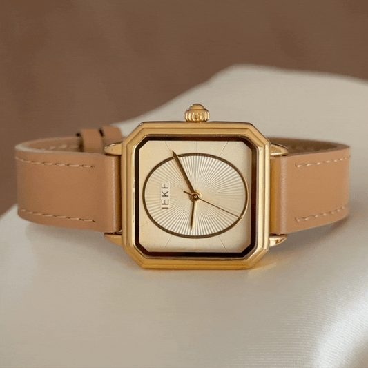 Vintage Style Gold Rectangular Watch - Brown Leather Strap & Gold Dial