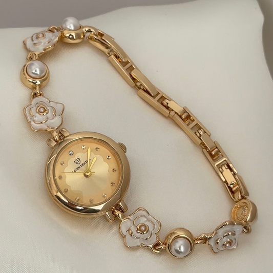 Antique Pearl Watch with Floral Pearl Bracelet and Gold Dial Quartz Movement