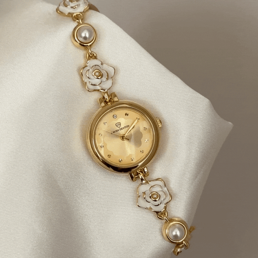 Antique Pearl Watch with Floral Pearl Bracelet and Gold Dial Quartz Movement