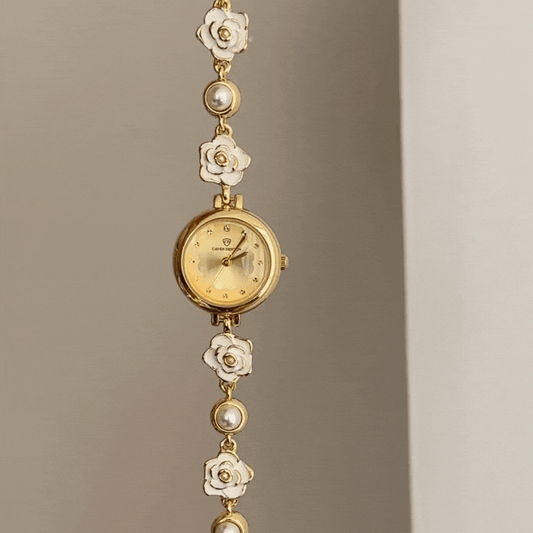 Antique Pearl Watch with Floral Pearl Bracelet and Gold Dial Quartz Movement