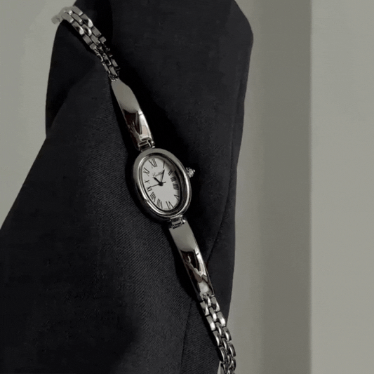 Ophelia Silver – Women’s Silver Bangle Bracelet Watch with Oval Tonneau Case and White Dial